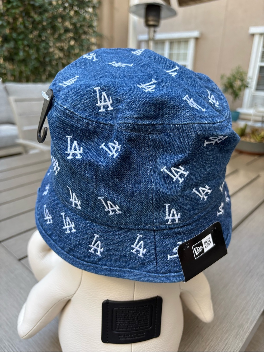 New Era Women’s Denim LA Logo Bucket Hat in Blue with White Embroidery